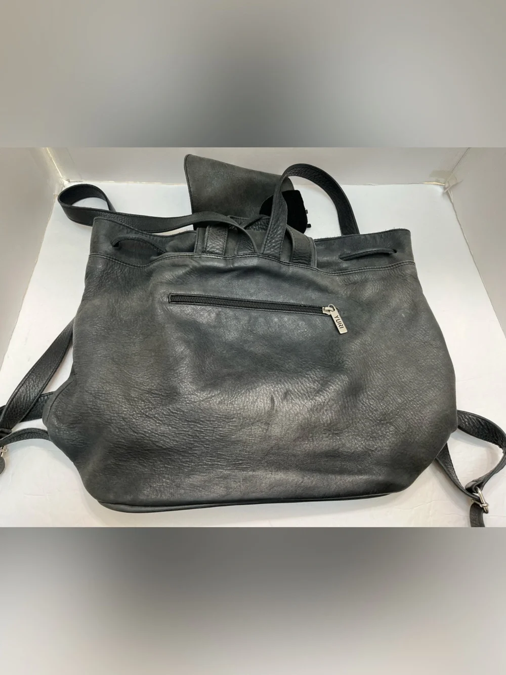 Vintage YURI Italy Black Pebbled Leather Drawstring Backpack Bag Rucksack